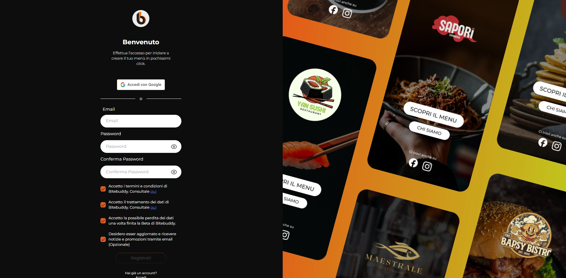 Schermata di registrazione